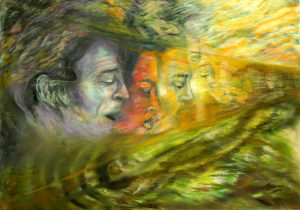 Tonal Portraits Ian Gillan Pastel on paper 2005 70cmx80cm A series of portraits superimposed over a guitar, with four Portraits in motion of IG singing. Painted to various songs. 