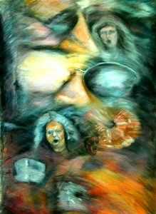 Portrait Ian Paice Pastel on paper 2005 77cmx55cm Portrait fragments of Ian Paice Deep Purple’s drummer. Superimposed images overlaid in dark sections. 
